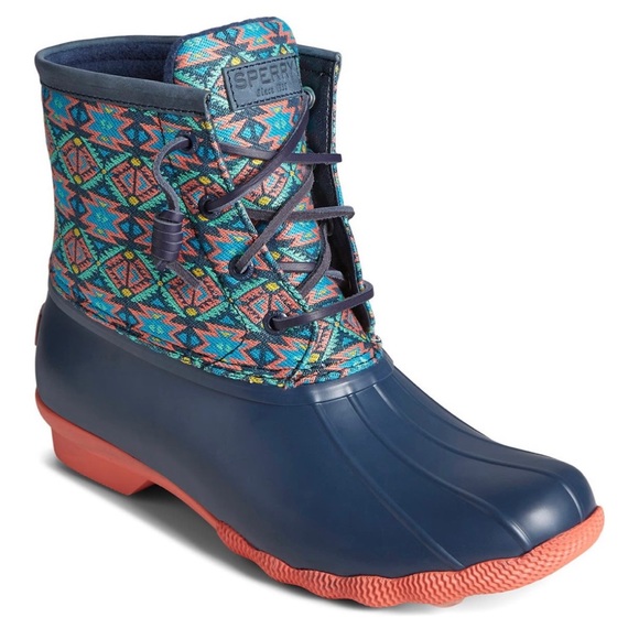 NIB Sperry Saltwater Serape Textile Geometric Navy Waterproof Duck Rain Boots - Picture 13 of 13